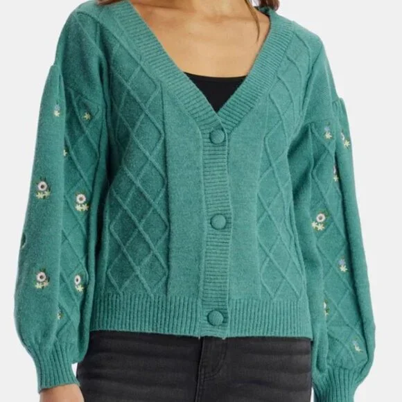 Fate Sweaters Nwt Sea Green Vintage Cardigan With Flowers
